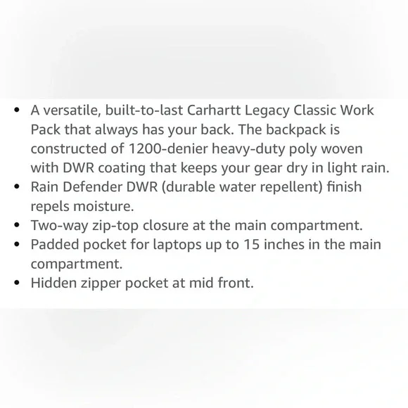 Carhartt Legacy Classic Work Nylon Canvas Backpack Brown 23L Single-Compartment - Picture 8 of 16